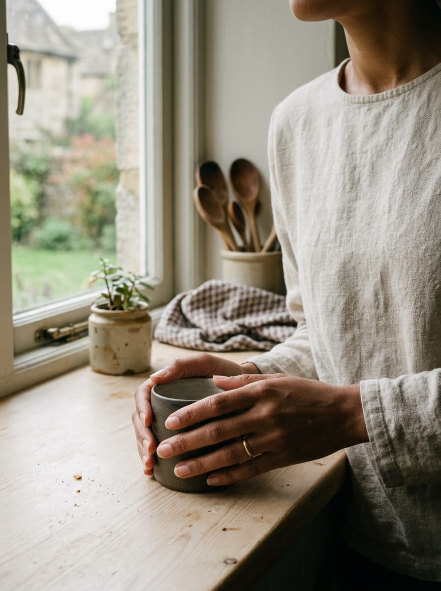 Hands resting on a kitchen counter in Greenwich morning light