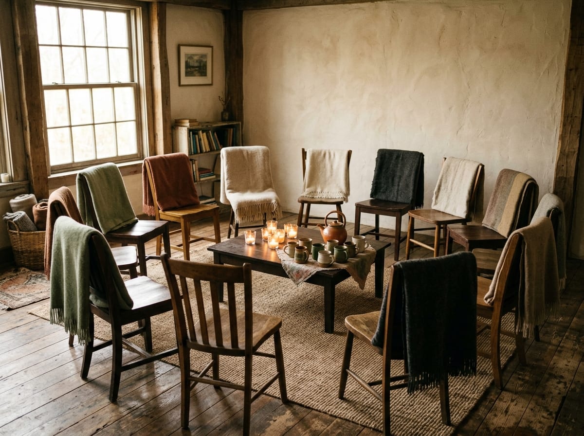 A candlelit room set with twelve chairs and blankets for the monthly Mothers’ Circle in Greenwich