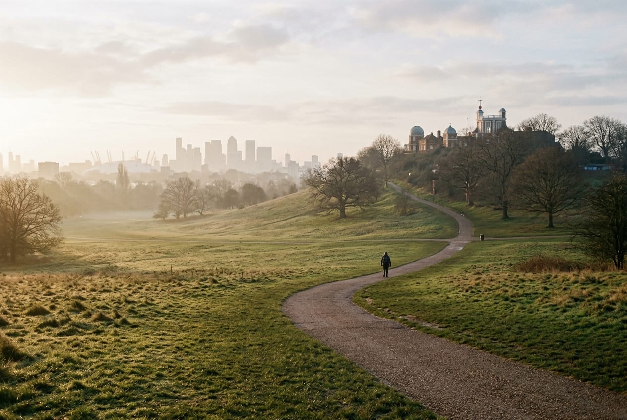 Greenwich Park at sunrise, the Royal Observatory on the hill in the distance