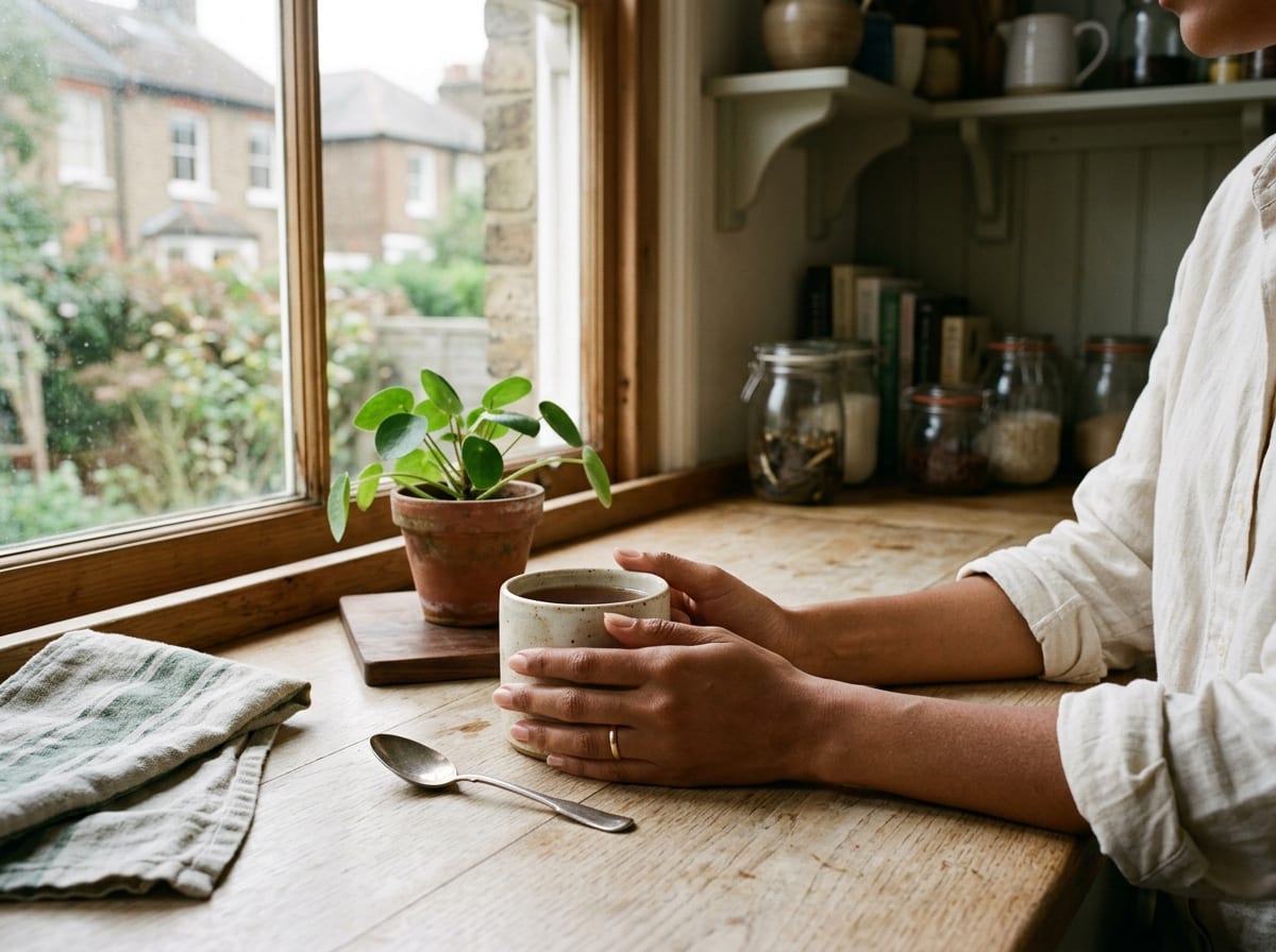 Hands cradling a warm mug of tea by a sunlit kitchen window in Greenwich