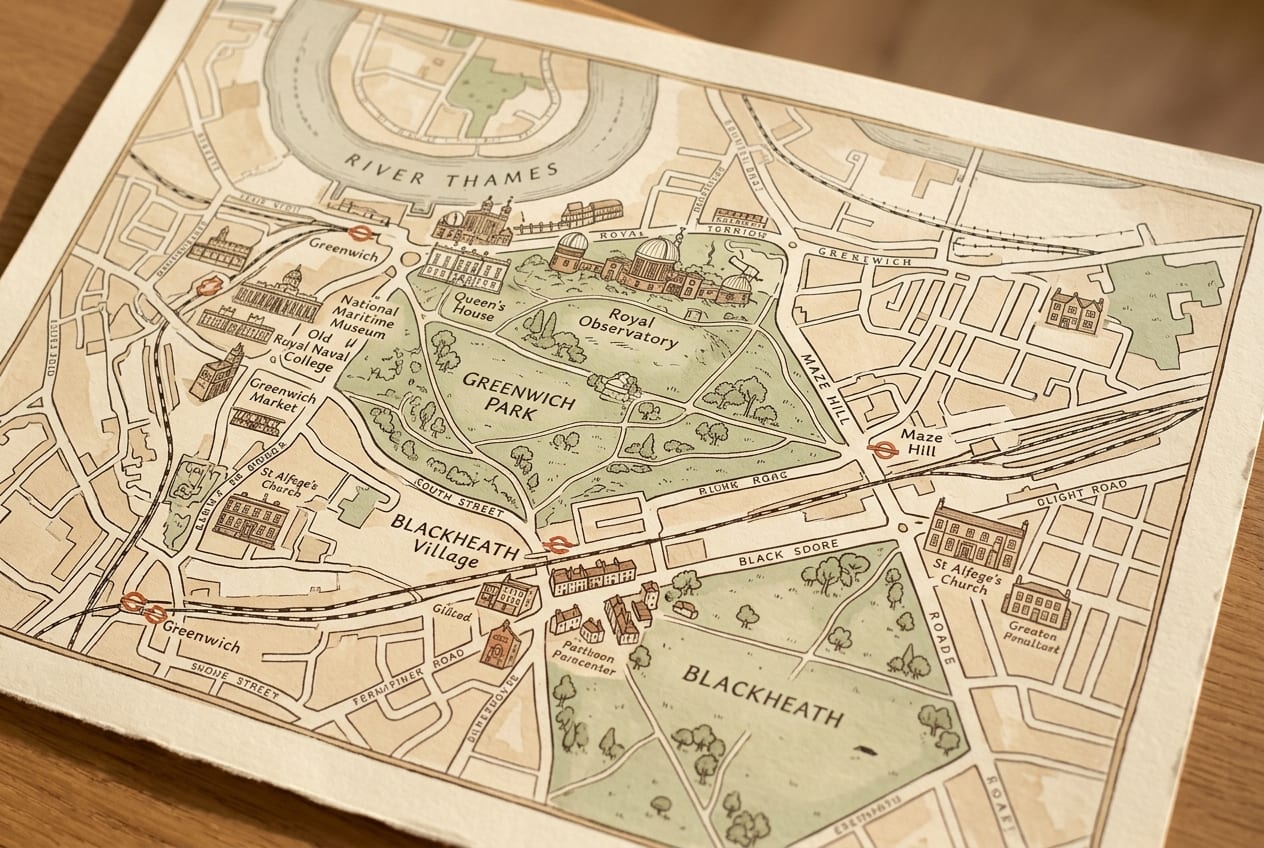 A hand-drawn map of Greenwich and the surrounding South East London area
