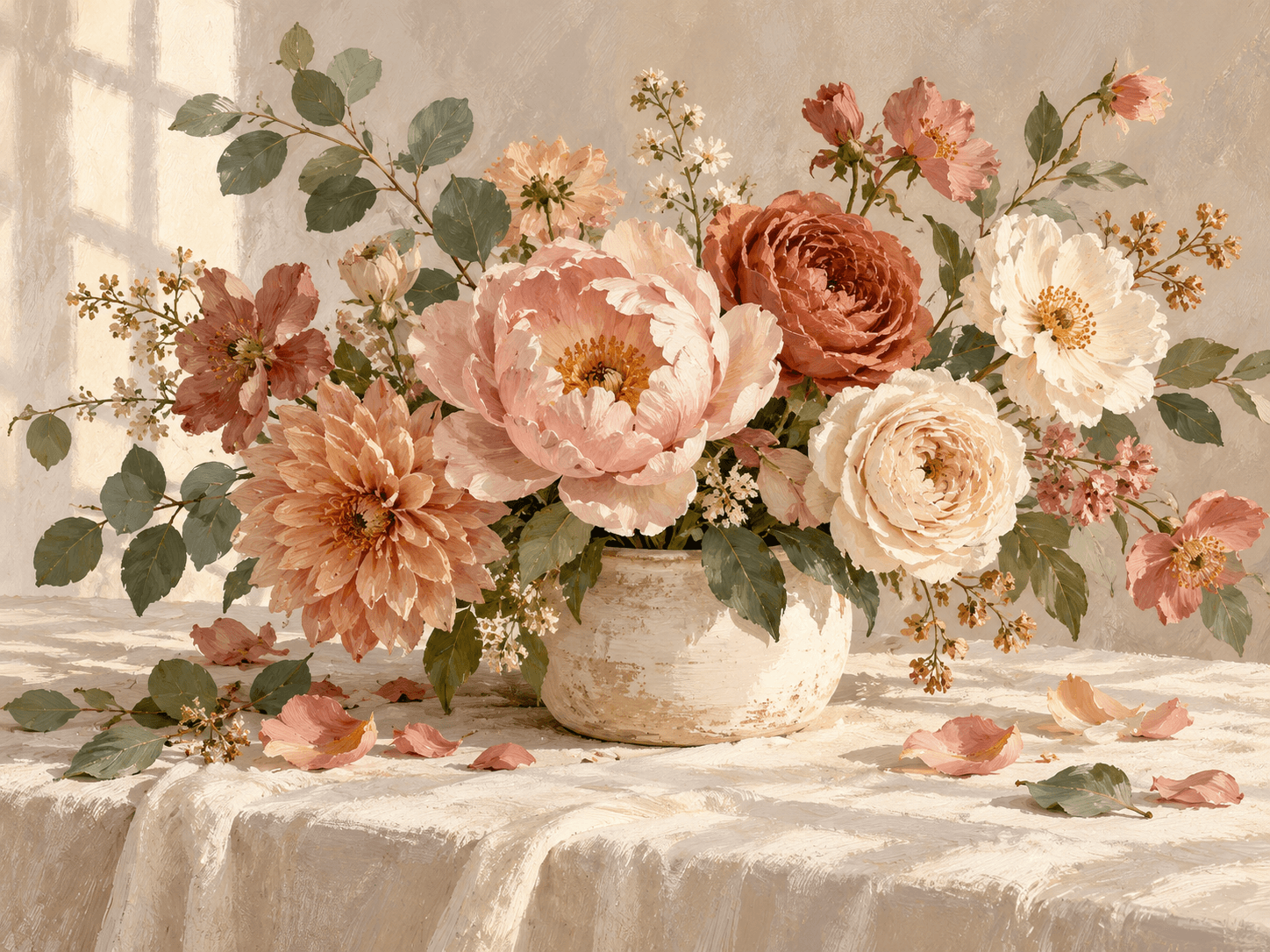 Illustration of blush and cream flowers, green leaves and petals on a linen-covered table